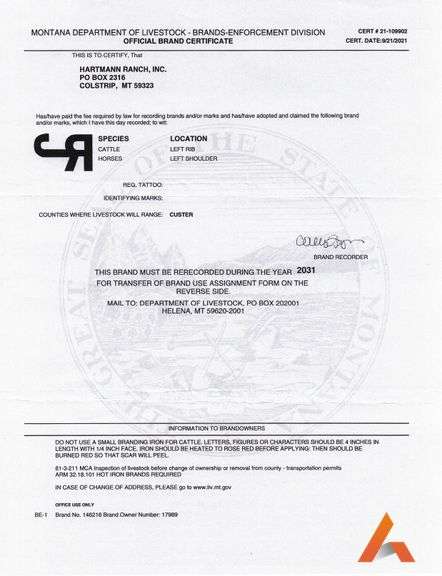 Montana Registered Livestock Brand, Cattle: Left Rib, Horses: Left Shoulder
