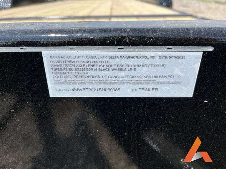(Unused) 2025 Delta 20' x 84" Tilt Deck Bumper Pull Equipment Trailer