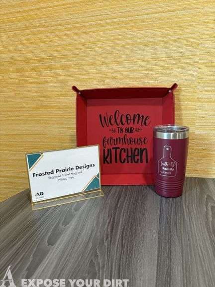 Printed Leather Tray & Engraved Travel Mug from Frosted Prairie Designs