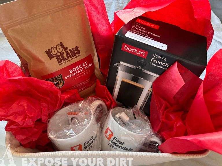 First Interstate Bank - French press with Kool Beans coffee grounds, and two FIB coffee mugs