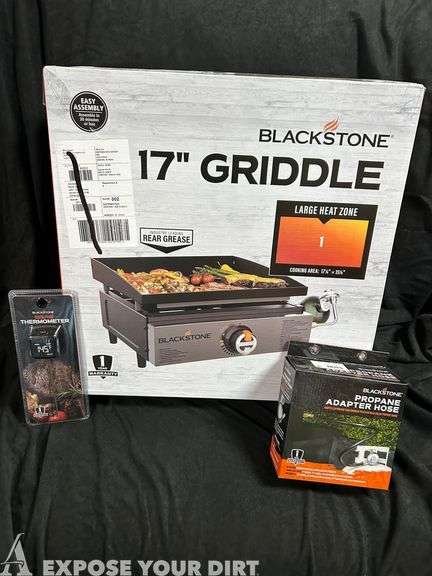 17" Blackstone griddle, propane adaptor hose, and thermometer