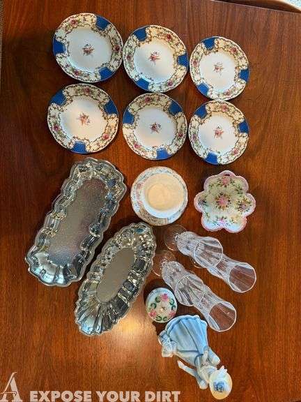 Set of 6 Plates, 4 Champaign Flutes, Jewelry Box, Serving Trays, Figurine, Cup & Saucer