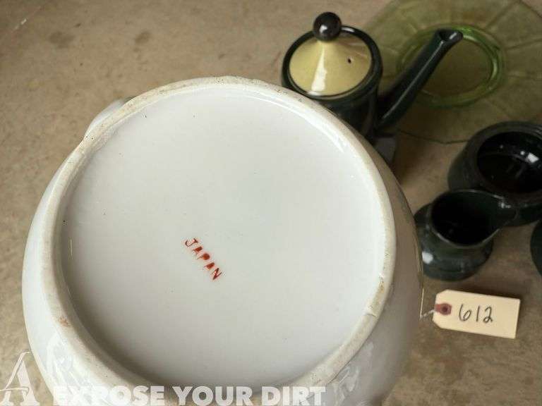 Coffee SErving Set, Butter Dishes, Tea Pot & Green Glass Plate