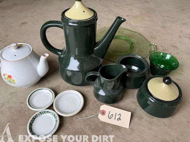 Coffee SErving Set, Butter Dishes, Tea Pot & Green Glass Plate