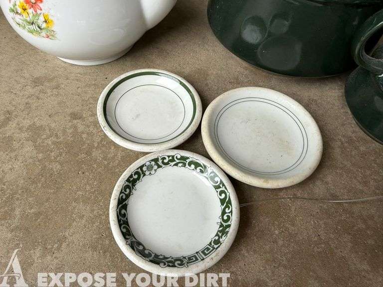 Coffee SErving Set, Butter Dishes, Tea Pot & Green Glass Plate
