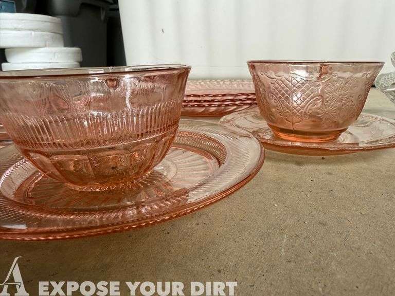 Rose Colored Glass Plates & Cups and 2 Chrystal Bowls