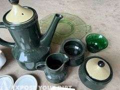 Coffee SErving Set, Butter Dishes, Tea Pot & Green Glass Plate