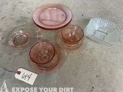 Rose Colored Glass Plates & Cups and 2 Chrystal Bowls