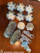 Set of 6 Plates, 4 Champaign Flutes, Jewelry Box, Serving Trays, Figurine, Cup & Saucer