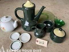 Coffee SErving Set, Butter Dishes, Tea Pot & Green Glass Plate