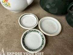 Coffee SErving Set, Butter Dishes, Tea Pot & Green Glass Plate