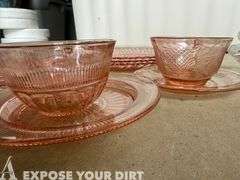 Rose Colored Glass Plates & Cups and 2 Chrystal Bowls
