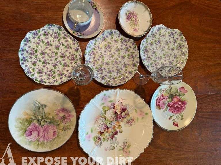Unique Set of 3 plates, misc plates, 2 champaign glasses, cup & saucer