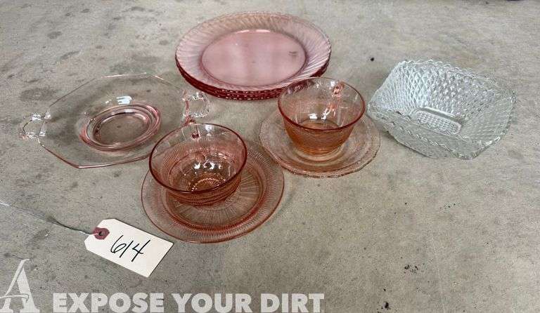 Rose Colored Glass Plates & Cups and 2 Chrystal Bowls