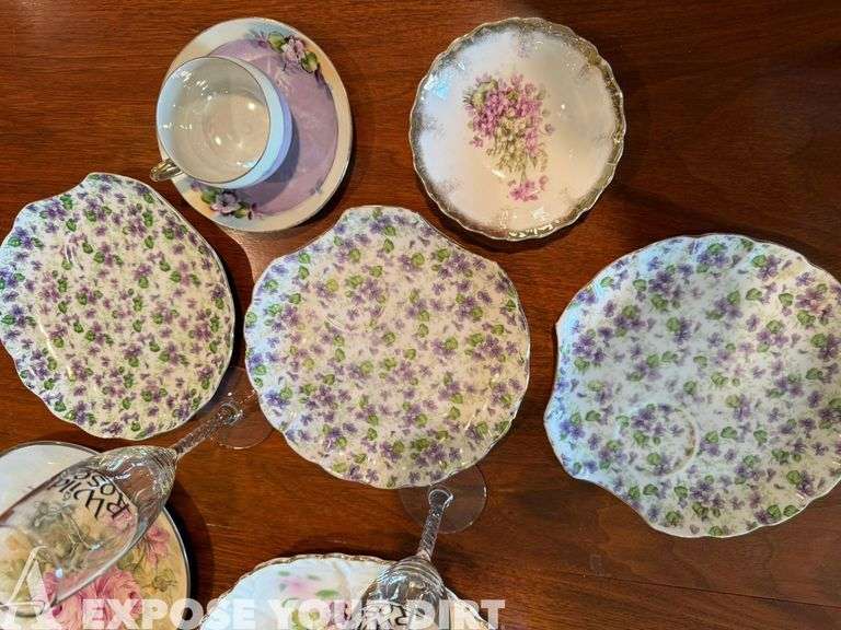 Unique Set of 3 plates, misc plates, 2 champaign glasses, cup & saucer