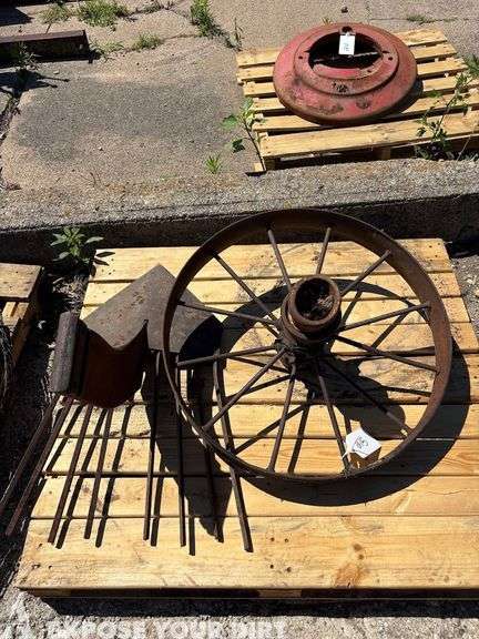 Vintage Steel Spoked Wheel and Vintage Potato Plow Head