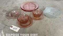 Rose Colored Glass Plates & Cups and 2 Chrystal Bowls