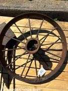 Vintage Steel Spoked Wheel and Vintage Potato Plow Head