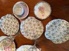 Unique Set of 3 plates, misc plates, 2 champaign glasses, cup & saucer