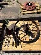 Vintage Steel Spoked Wheel and Vintage Potato Plow Head