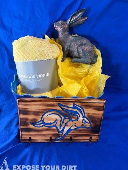 Blanket, ornamental rabbit, and wood jackrabbit key chain holder