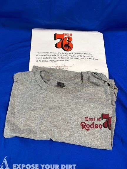 Deadwoood South Dakota Days of 76 rodeo package with 2 tickets to rodeo and t-shirt