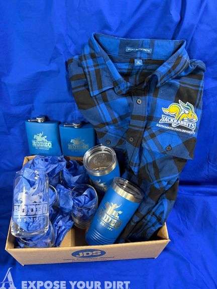 6 etched drinking glasses, 2 flasks, 2 insulated mugs, Jackrabbits medium flannel shirt