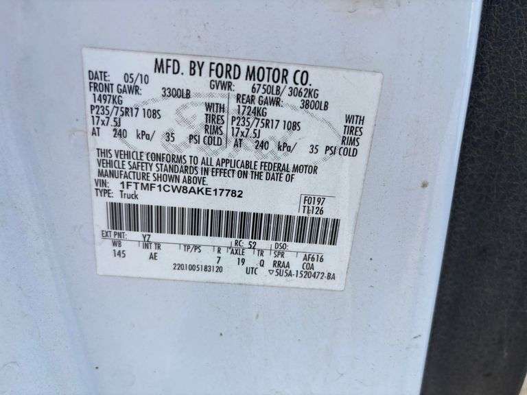 2010 FORD F-150 TRUCK - VIN: 1FTMF1CW8AKE17782