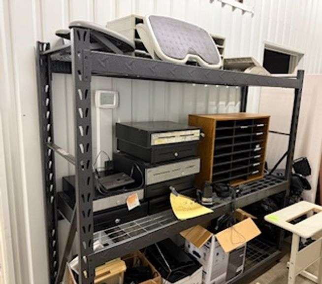 Multiple money till's, wheelchair, filing cubbies, miscellaneous office equipment & keyboards