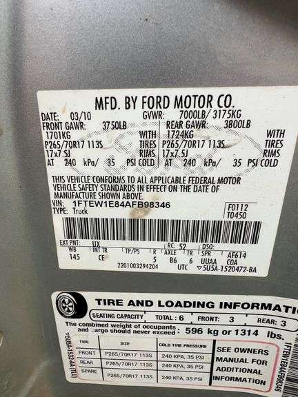 2010 FORD F-150 4x4 TRUCK - VIN: 1FTEW1E84AFB98346