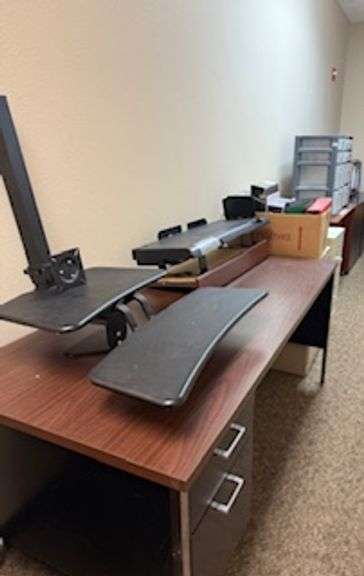 Manual stand up desk, regular office desks, storage bins, binders, 2 drawer filing cabinets