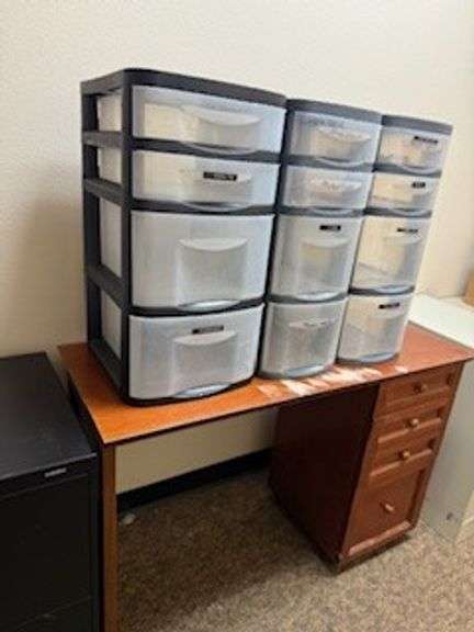 Manual stand up desk, regular office desks, storage bins, binders, 2 drawer filing cabinets