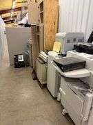 Copiers, paper feeder, scanners, projector, small office items, large wooden storage shelf, small de