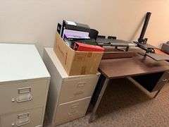 Manual stand up desk, regular office desks, storage bins, binders, 2 drawer filing cabinets