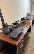 Manual stand up desk, regular office desks, storage bins, binders, 2 drawer filing cabinets
