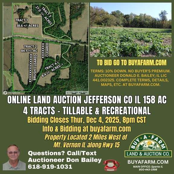 Jefferson County IL 158+- Acres / 4 Tracts / Mt Vernon / Tillable / Recreation / 3027A