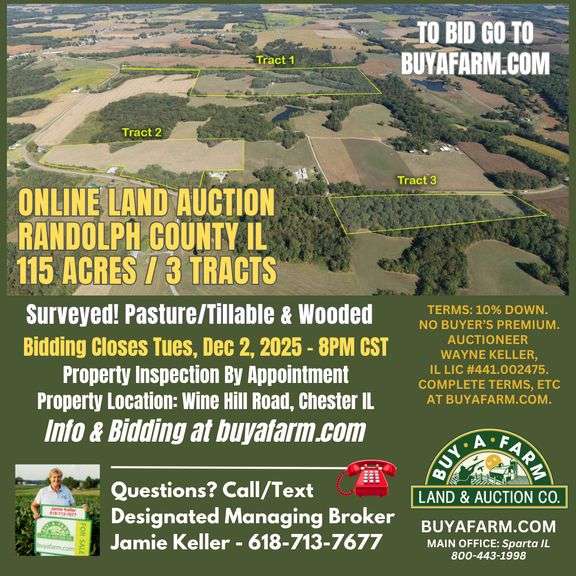 Randolph County IL 115+/- Acres / Surveyed / Pasture / Tillable / Wooded / 3025A