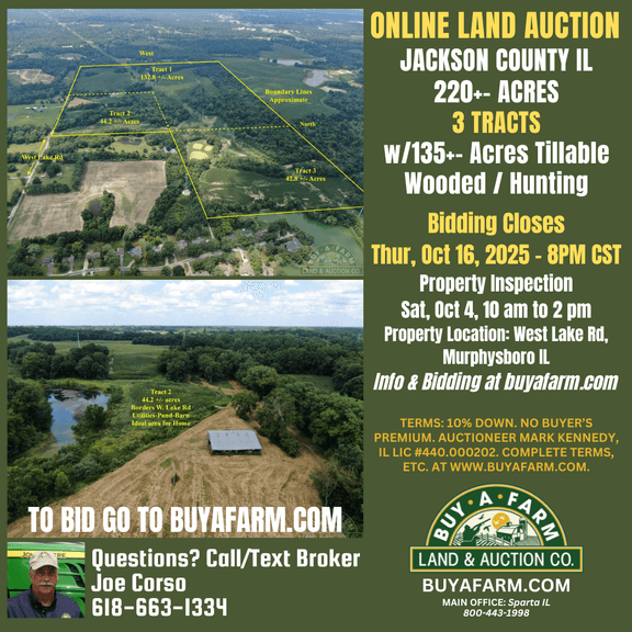 Jackson County IL 220+- Acres / 3 Tracts / Farmland Income, Wooded, Hunting / 3014A