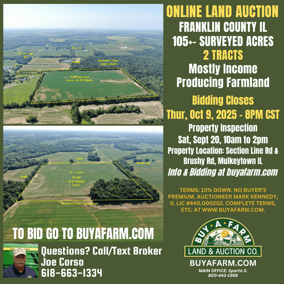 Franklin County IL 105+- Acres / 2 Tracts / Farmland Tillable Income / 3016A