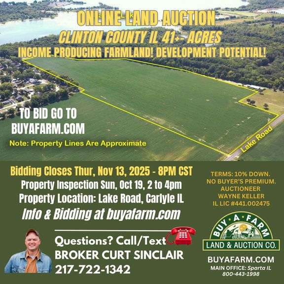 Clinton County IL 41+- Acres / Carlyle / Tillable Farmland / Development Potential / 3021A