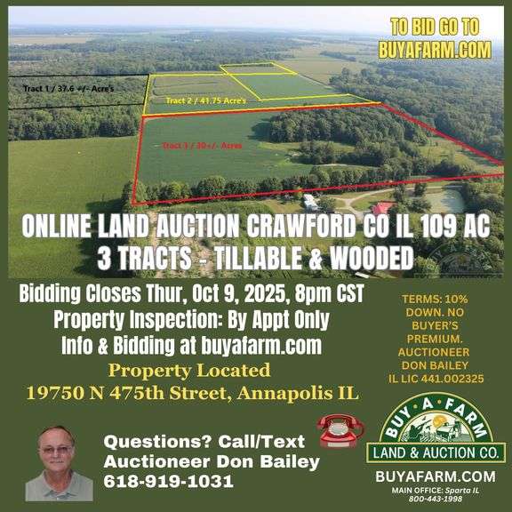 Crawford County IL 109+- Acres / 3 Tracts / Timber / Tillable / 3022A