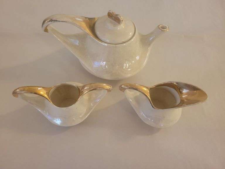 Gold Trim Teapot, Creamer, and Sugar