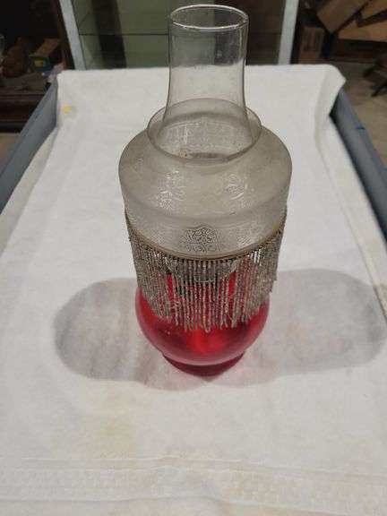 Red Oil Lamp w/Fringe and Frosted Shade