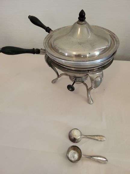 S. Sternau & Co. NY Chaffing Dish, Stand, and 2 Silverplate Dippers