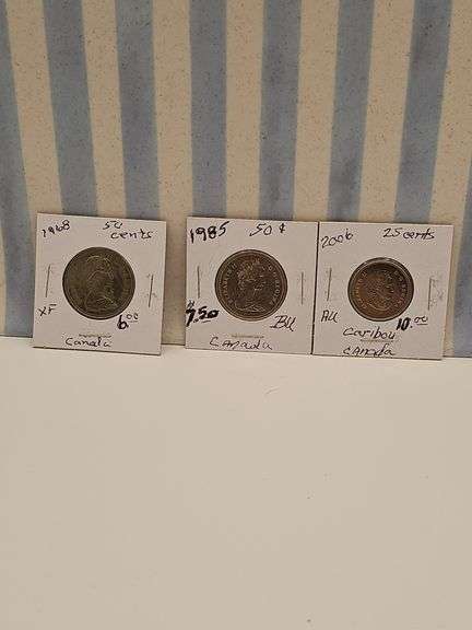 2 Canadian .50 cent Pieces, 1 Quarter