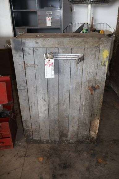 28" x 20" x 14" Wood wainscot cabinet w/ misc. inventory