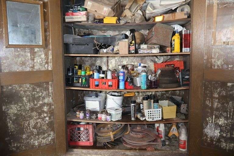 2 Door wood wall cabinet w/ oils, auto supplies, hose reel and more