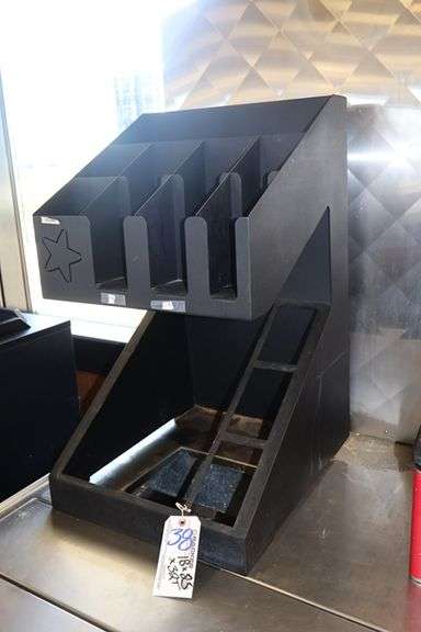 18" x 23" x 32" tall black metal cup/lid dispenser