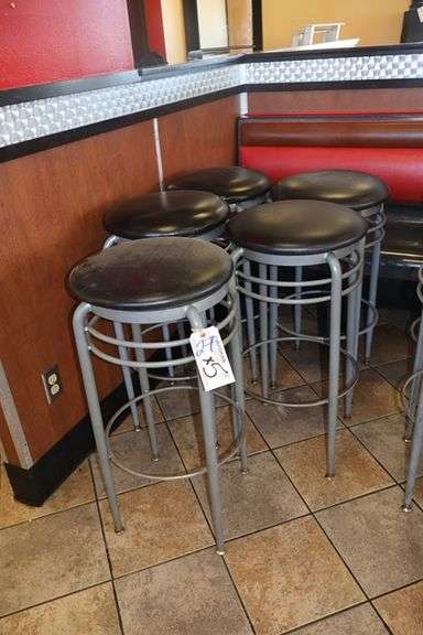 Times 5 - Metal framed black vinyl swivel seat bar stools - 1 chair top is loose