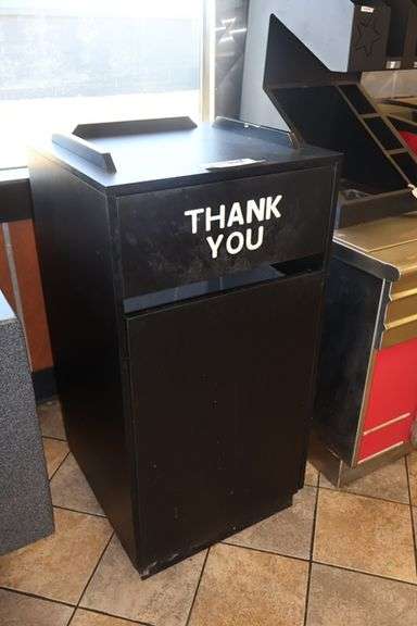 23" x 23" x 45" black wood laminate trash receptacle